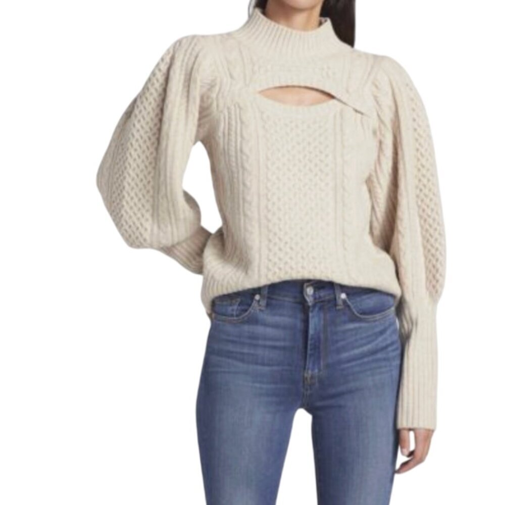 Sea NY Juliette Cable Knit Sweater Womens Large Cream Wool Pullover Mock Neck